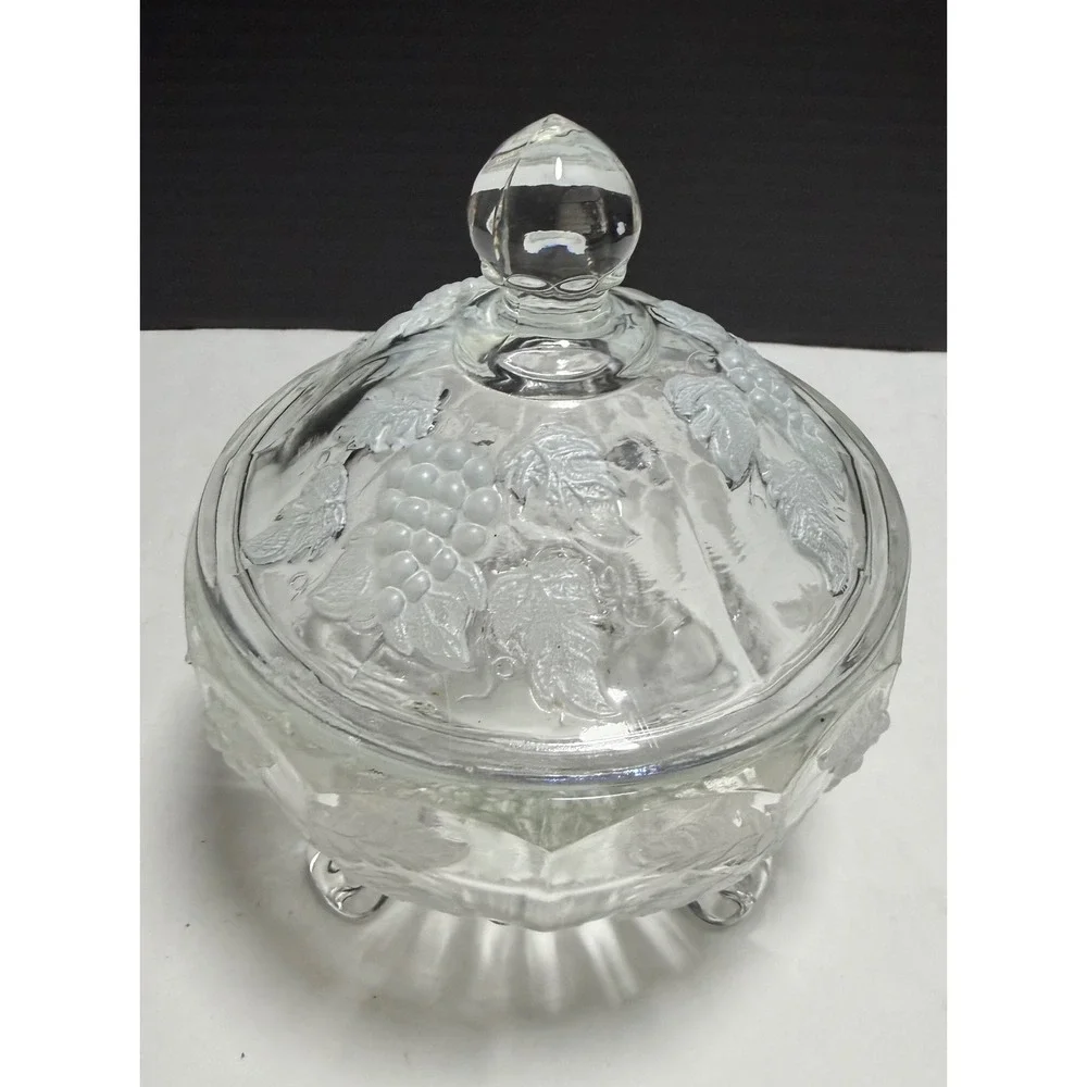 Vintage Westmoreland Paneled Grape Leaf Clear Glass Footed Candy Dish with Lid